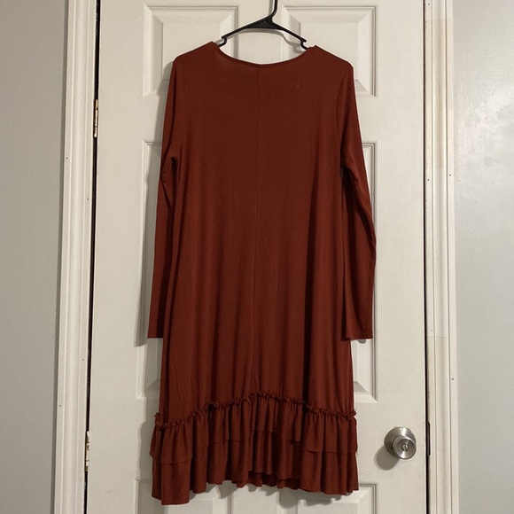 Zenana outfitters women’s rust colored midi swing dress with ruffles - Picture 5 of 9